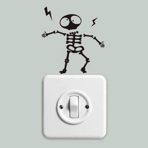 Cartoon skeleton switch sticker in matte black PVC with lightning bolt wall decor