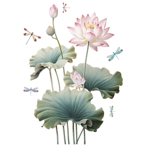 Détail de stickers muraux style chinois avec fleurs de lotus, feuilles et libellules