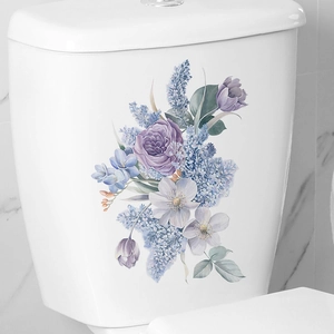 Floral toilet tank decal with purple roses and tulips in minimalist bathroom setting