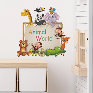 Cartoon animal world wall decals featuring giraffe and elephant for kids room decor
