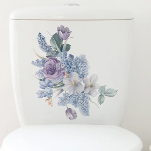 Minimalist floral toilet sticker with purple roses and tulips on white ceramic surface