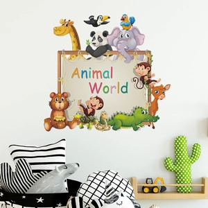 Cartoon animal world wall stickers featuring giraffe and elephant for nursery room decor