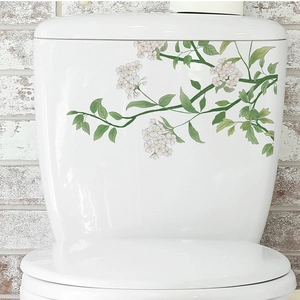 Stickers de toilette en PVC imperméable avec fleurs blanches et feuilles vertes