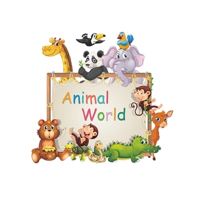 Close-up of colorful cartoon animal world wall sticker with giraffe, elephant and panda