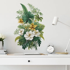 Stickers muraux tropicaux avec feuilles de palmier et fleurs de frangipanier pour salon