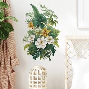 Détails de fleurs d'hibiscus tropicaux et de feuilles de palmier stickers muraux verts