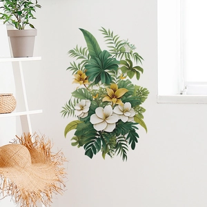 Stickers muraux tropicaux avec feuilles de palmier et fleurs pour décor de salon