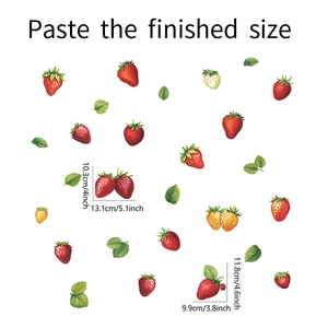 Detailed dimension guide for strawberry and green leaf wall stickers with hand-drawn style