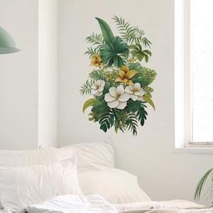 Sticker mural tropical avec fleurs d'hibiscus et feuilles de palmier pour chambre moderne