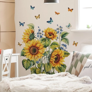 Pastoral sunflower and butterflies wall sticker set for cozy bedroom decor