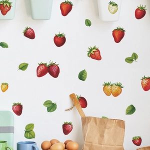Vibrant strawberry wall stickers for kitchen decor featuring realistic fruit and green leaves