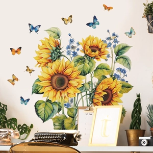 Pastoral sunflower and butterfly wall decals for living room with vintage home decor