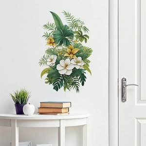 Sticker Mural Plantes Tropicales Fleurs PVC Amovible Feuilles Vertes Hibiscus Blanc Jaune Floral Décalcomanie pour Salon Chambre Décoration Maison