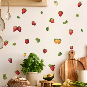 Cartoon strawberry and green leaves wall decals for kitchen and nursery room decor