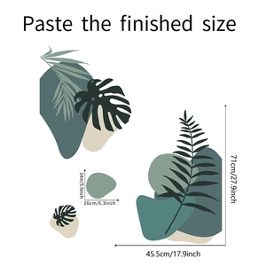Detail view of tropical plant wall stickers dimensions showing finished size and components