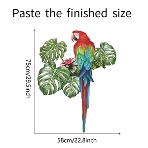Tropical wall sticker with parrot and monstera leaves showing dimensions 75x58 cm