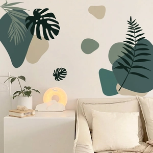 Modern tropical plant wall stickers with monstera leaves and abstract geometric circles