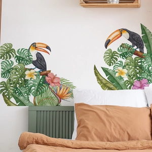 Tropical rainforest wall stickers featuring toucans and monstera leaves for home decoration