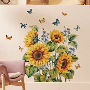 Pastel sunflower and 3D butterfly wall decals for living room and bedroom decor