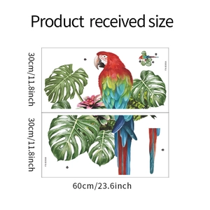 Detail view of tropical parrot and monstera leaf wall stickers with product size dimensions