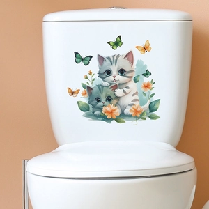 Stickers de toilettes imperméables avec chatons gris, fleurs oranges et papillons colorés