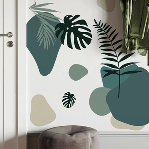 Abstract tropical leaf wall stickers in Morandi colors for modern living room decoration