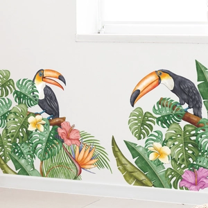 Tropical wall decals featuring toucans, monstera leaves, and hibiscus for home decoration