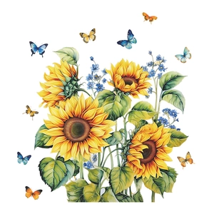 Detail of vibrant sunflower wall stickers with colorful butterflies and blue forget-me-nots