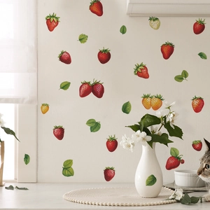 Realistic strawberry wall decals with green leaves for creative kitchen wall decoration