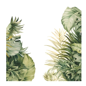 Detail von tropischen Monstera und Palmblatt Wandstickern mit grünen Texturen