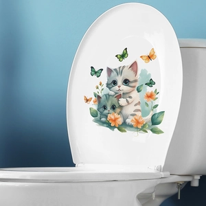 Sticker décoratif mignon pour abattant de WC avec chats et papillons aquarelle