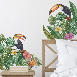 Tropical wall stickers with colorful toucans and palm leaves for living room decoration