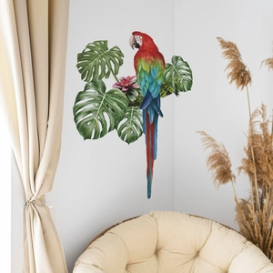 Macaw parrot and monstera leaf wall decal sticker for living room home decor