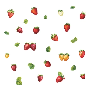 Detail of realistic strawberry wall decals with green leaves on a white background