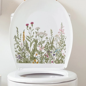 Floral toilet lid wall sticker with green plants and daisy botanical illustration
