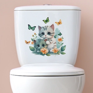 Autocollant de Couvercle de Toilette Chat Papillon Fleur Dessin Animé PVC Imperméable Décoration Salle de Bain Sticker M-301