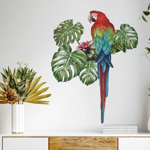 Tropical Parrot Monstera Leaves Wall Sticker PVC Waterproof Cartoon Animal Decal For Bedroom Living Room Home Decor