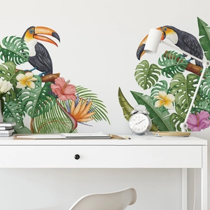 Tropical rainforest wall stickers with toucan birds and green monstera leaves for home decor