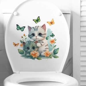 Autocollants chats et papillons étanches pour abattant de WC décor de salle de bain