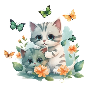 Détail d'autocollants de chatons gris chassant des papillons colorés et des fleurs d'orange