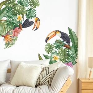 Tropical Toucan Wall Stickers Watercolor Monstera Palm Leaves Floral PVC Self Adhesive Wall Decal For Living Room Bedroom Decor