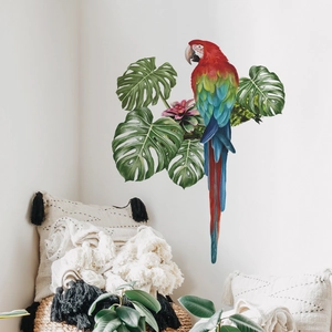 Realistic scarlet macaw parrot wall sticker with tropical monstera leaves for home decor