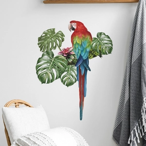 Tropical parrot and palm leaf wall sticker decor for a modern cozy living room setting