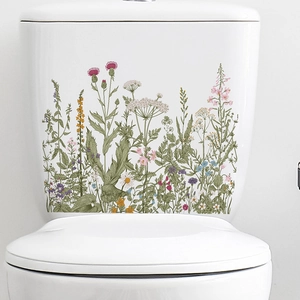 Self-adhesive toilet sticker with vintage botanical floral designs and green plants decor