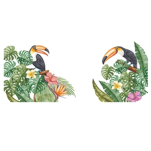 Detail of tropical wall sticker with watercolor toucans, hibiscus flowers and palm leaves