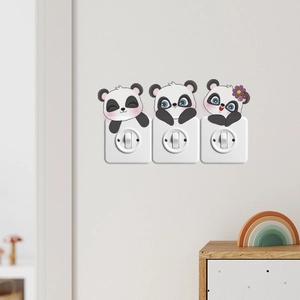 Three cute cartoon panda switch stickers set in a warm home decor setting with rainbow toys