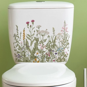 Fresh Wildflower Green Plant Pattern Toilet Sticker Waterproof PVC Decorative Wall Decal For Bathroom Water Tank Lid Decor