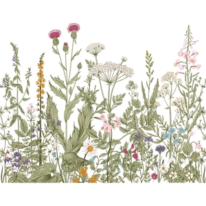 Detailed view of hand-painted floral wall stickers with daisies and wild meadow plants