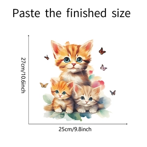 Detailed dimension guide for cute watercolor cat and butterfly bathroom wall stickers