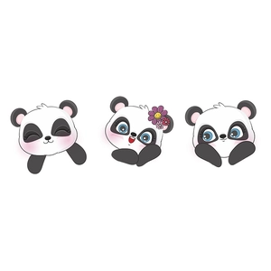 Detailed view of three cute panda wall stickers with different facial expressions